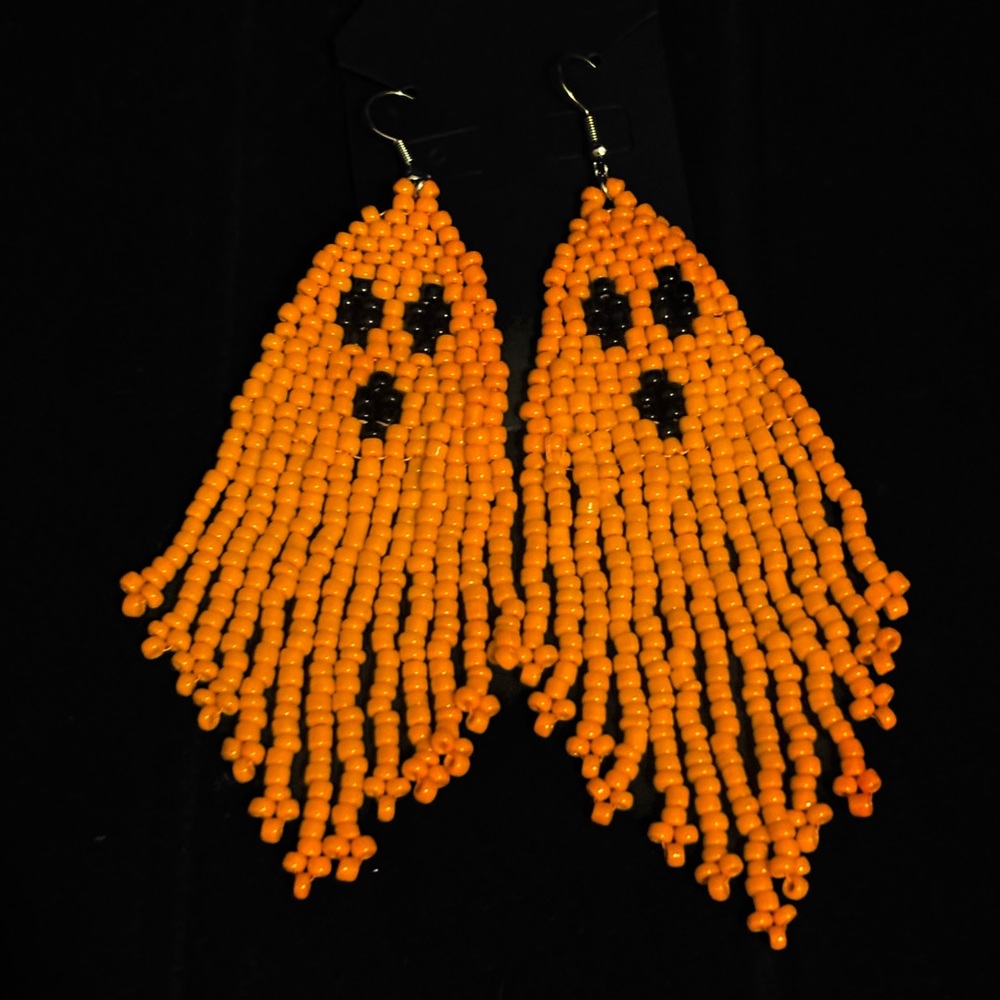 Handmade Beaded Ghost Earrings - Orange and Black